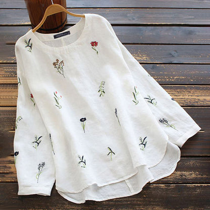 Vintage Casual Loose Embroidered Top  Long Sleeve Round Neck Women's Long Sleeve