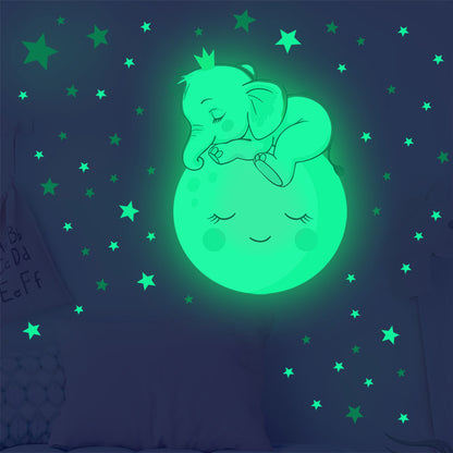 Pegatinas de pared con forma de luna, elefante y estrella con cara sonriente para niños Glow &amp; Smile - 28 x 28 cm 