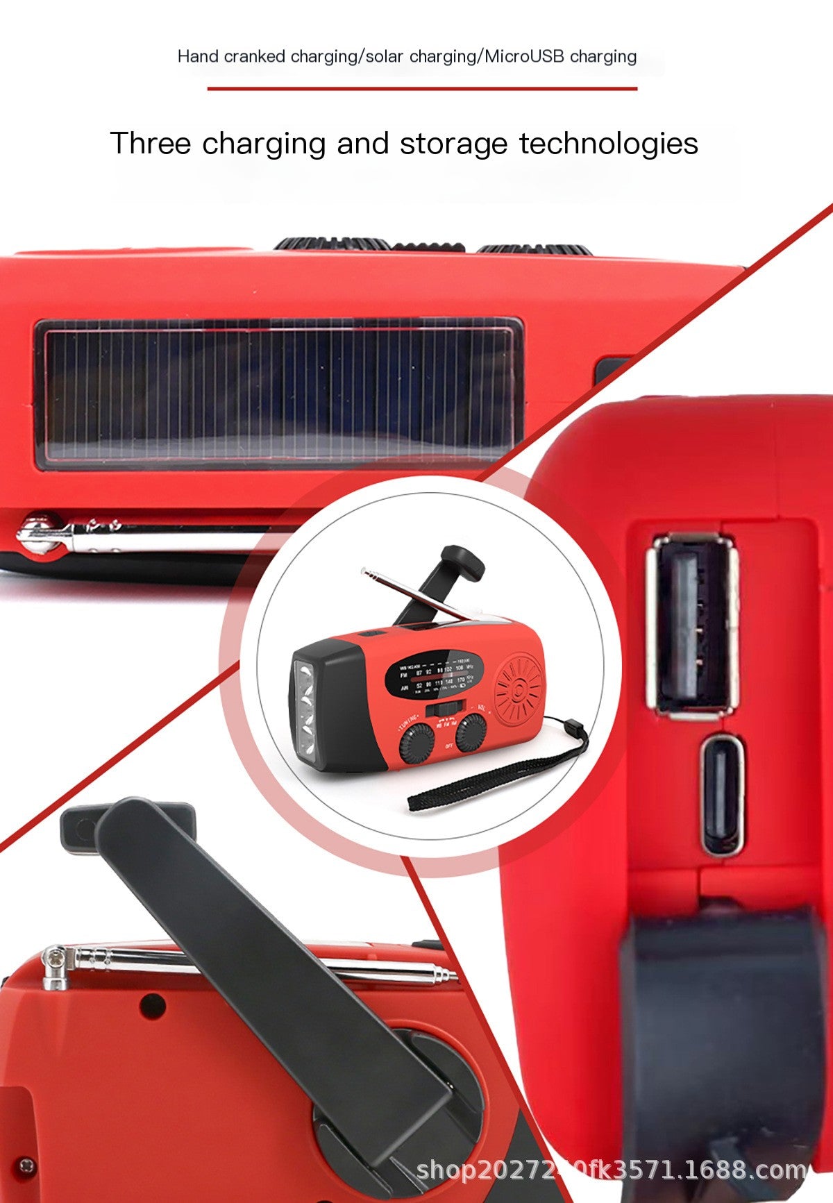 Upgraded Solar Powered Hand Crank Radio, USB Charger, SOS Flashlight