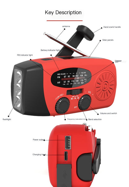 Radio de manivela con energía solar mejorada, cargador USB, linterna SOS