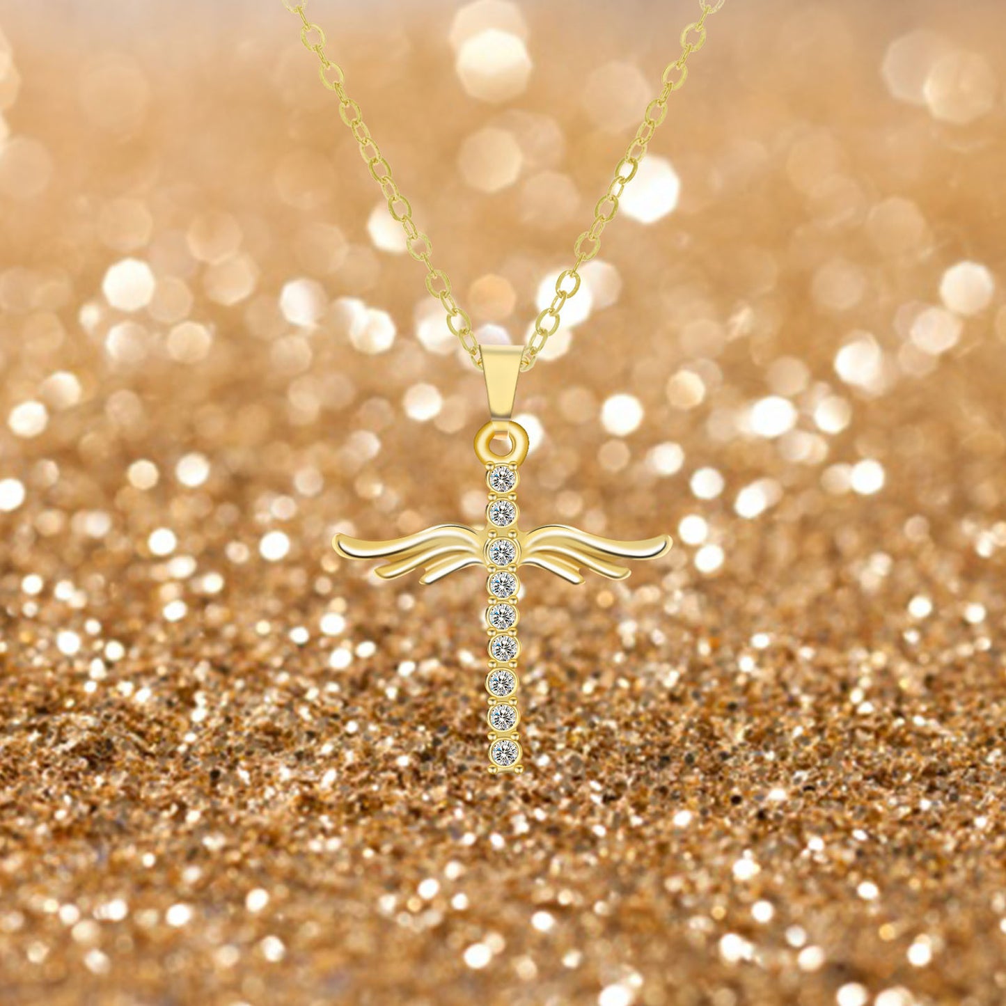 Gold/Silver Crystal Gem Cross Angel Wings Necklace