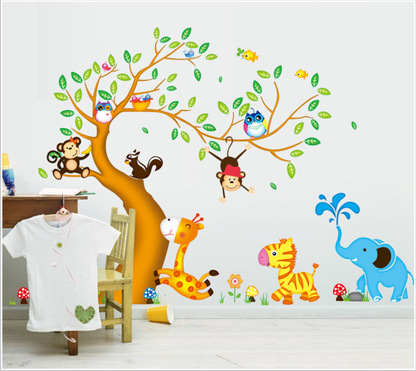 Cartoon Animal Tree Double Removable Wall Sticker 60x90cm