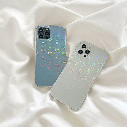 Funda para teléfono de silicona translúcida con estampado holográfico de corazones