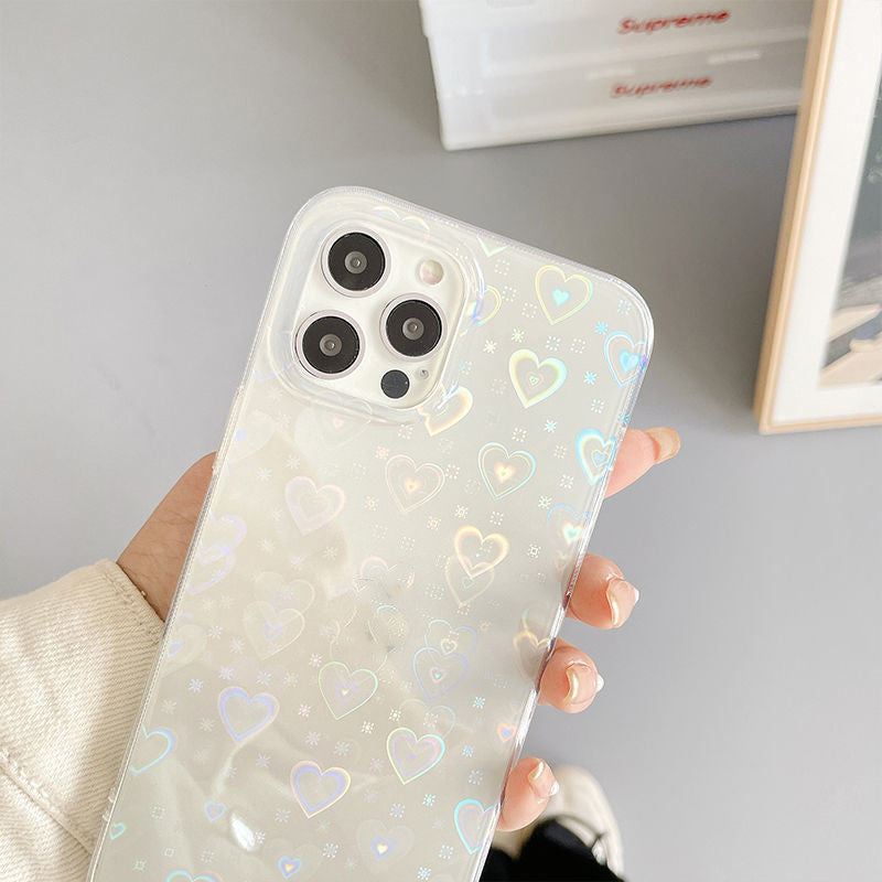 Funda para teléfono de silicona translúcida con estampado holográfico de corazones