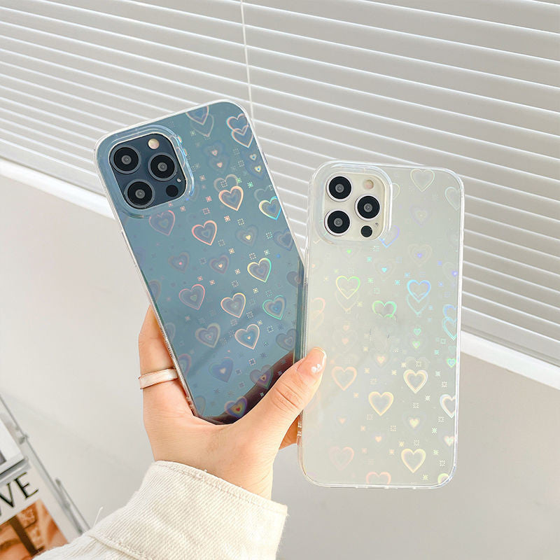 Funda para teléfono de silicona translúcida con estampado holográfico de corazones