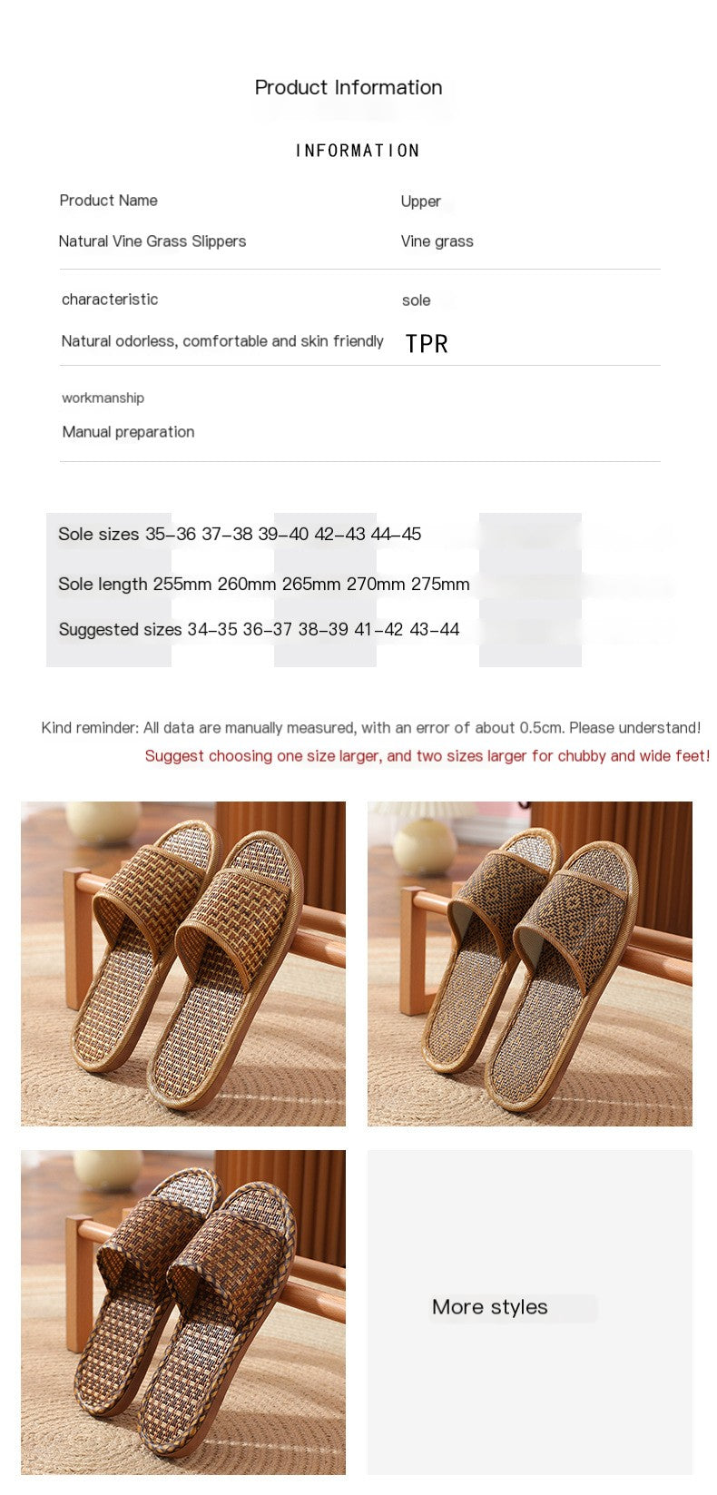 Natural Rattan Straw Mat Design Flat Thin Household  Slippers