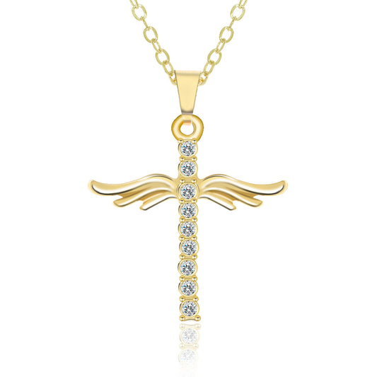 Gold/Silver Crystal Gem Cross Angel Wings Necklace