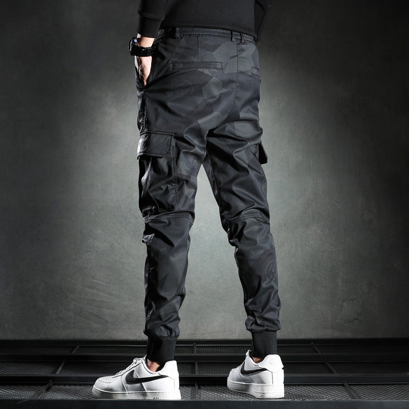 Multi-Pocket Neutral Dark Camo Ankle-slim Cargo Pants