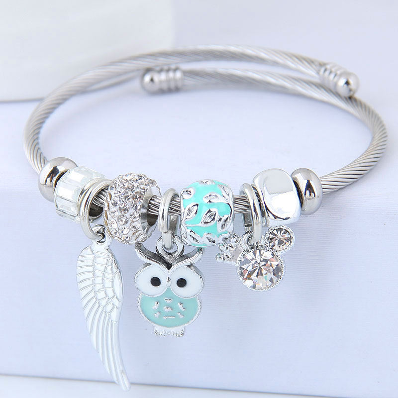 Pulsera de acero inoxidable con colgante de alas de ángel de búho con cuentas - DIY ajustable