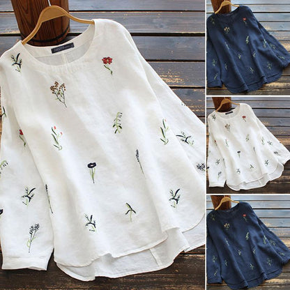 Vintage Casual Loose Embroidered Top  Long Sleeve Round Neck Women's Long Sleeve