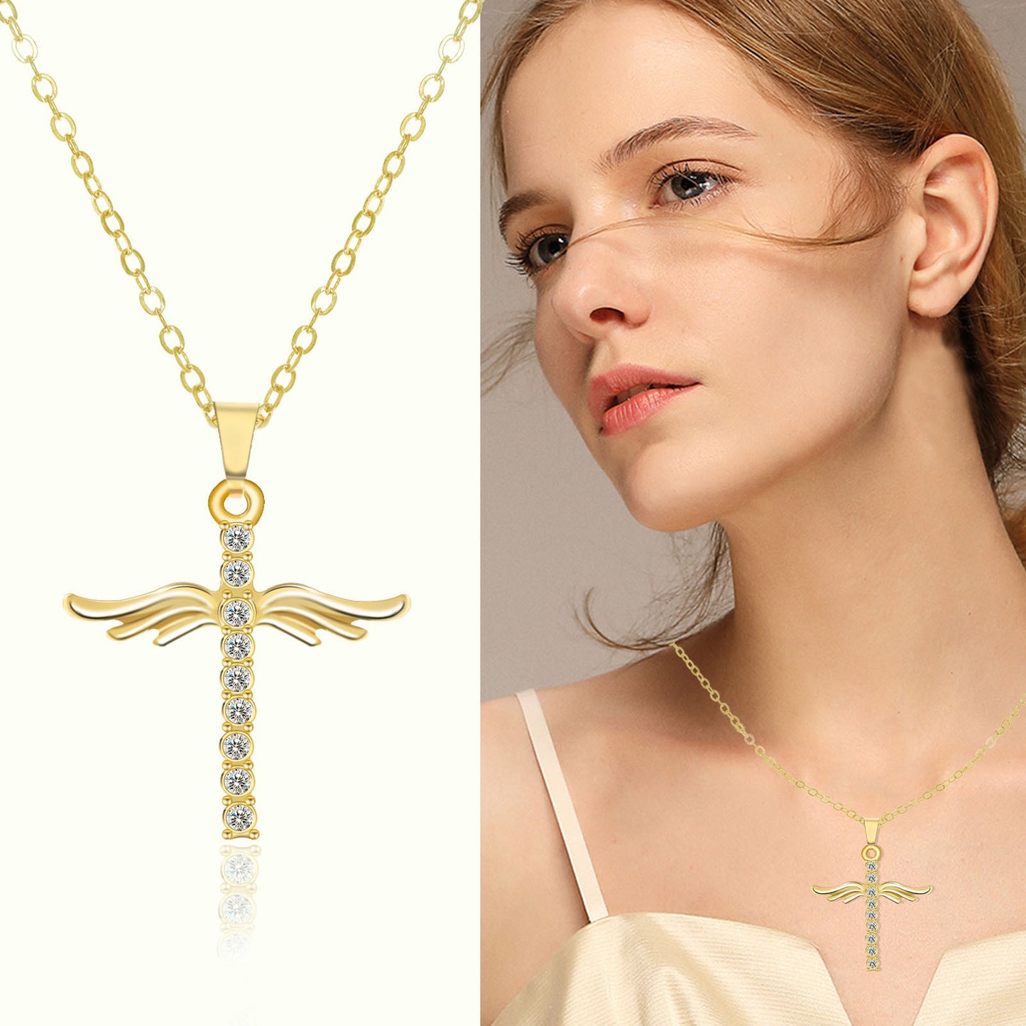 Gold/Silver Crystal Gem Cross Angel Wings Necklace