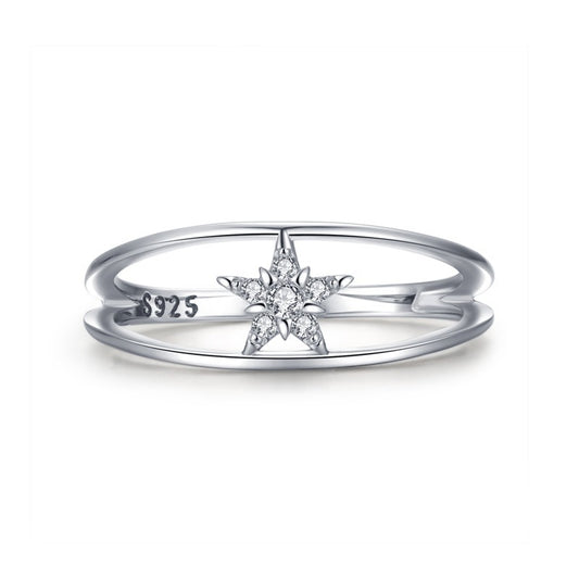 Anillo de Plata de Ley 925 con Estrella y Cristal, Diseño Doble