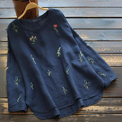 Vintage Casual Loose Embroidered Top  Long Sleeve Round Neck Women's Long Sleeve