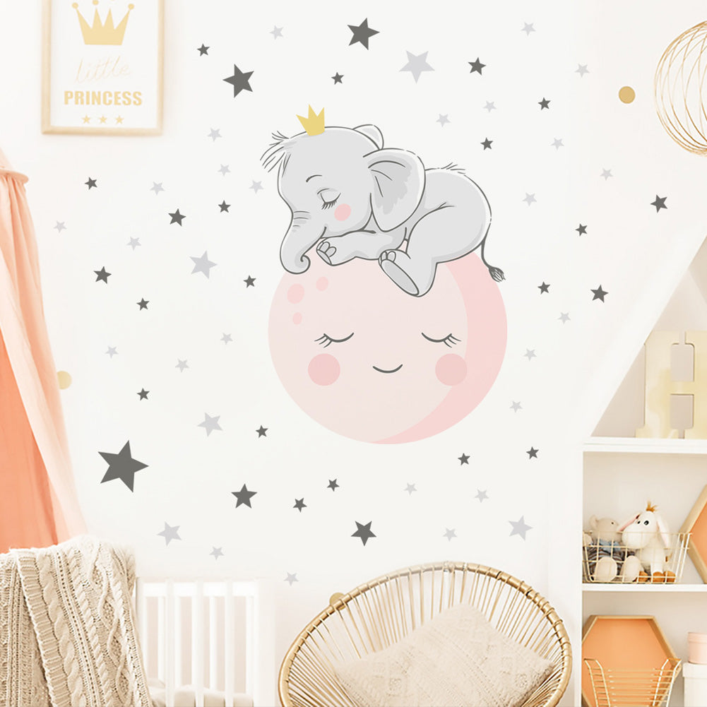 Pegatinas de pared con forma de luna, elefante y estrella con cara sonriente para niños Glow &amp; Smile - 28 x 28 cm 