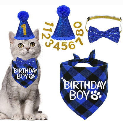 Pet Birthday Plaid Scarf Bandana, Glitter Hat & Bow Tie Set