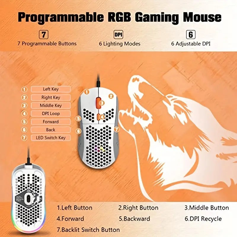 RGB Ultralight Honeycomb Gaming Mouse 7 Programmable Buttons 6400 DPI - PC/ PS4/5 /Xbox