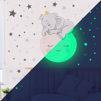 Pegatinas de pared con forma de luna, elefante y estrella con cara sonriente para niños Glow &amp; Smile - 28 x 28 cm 