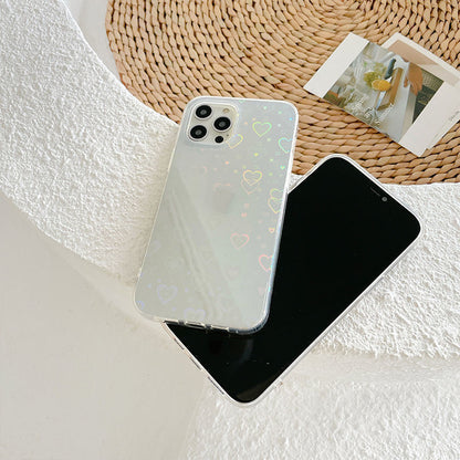 Funda para teléfono de silicona translúcida con estampado holográfico de corazones