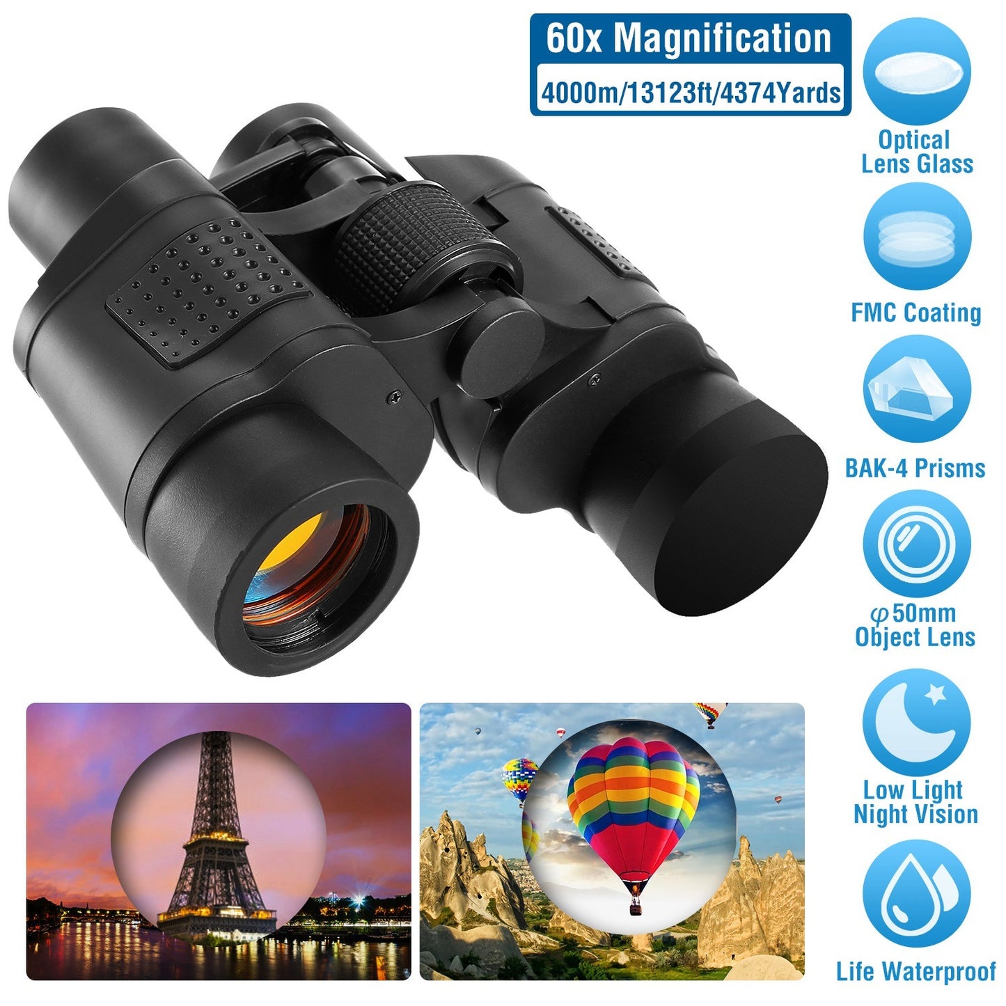 Binoculares de enfoque manual con lente HD FMC Aumento de 60x: observación de aves, caza y eventos deportivos