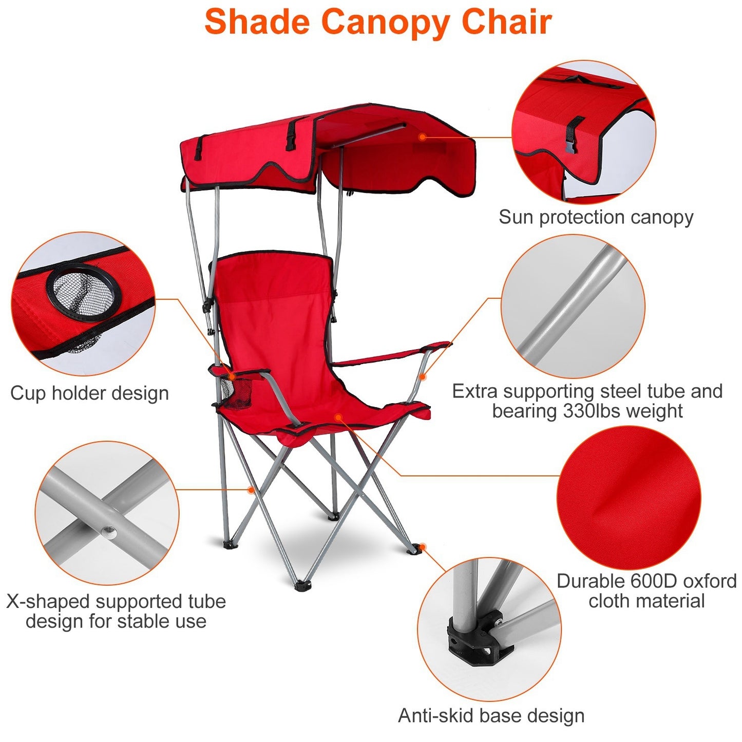 Foldable Sun Protection Canopy Chair - 330LBS Capacity