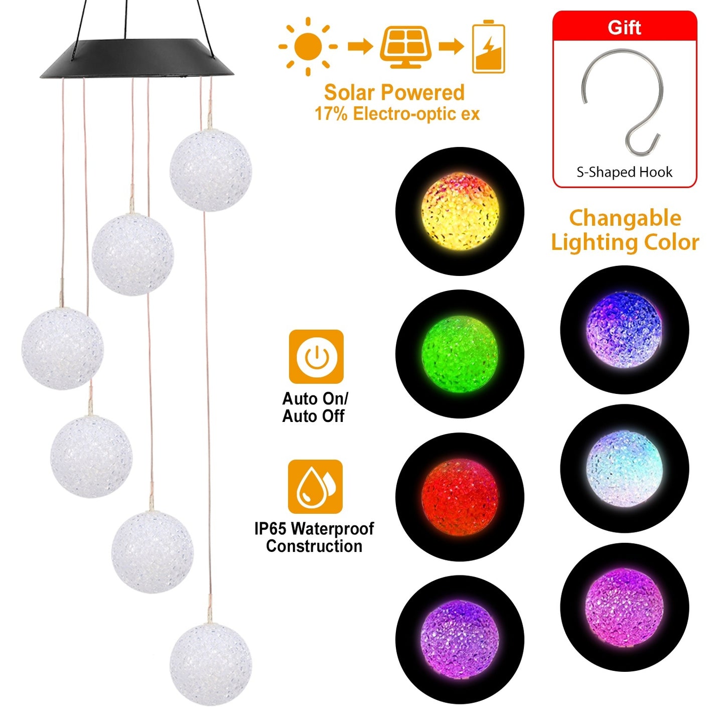 Solar Powered String Light LED RGB Ball Wind Chime Patio-Garden Decor