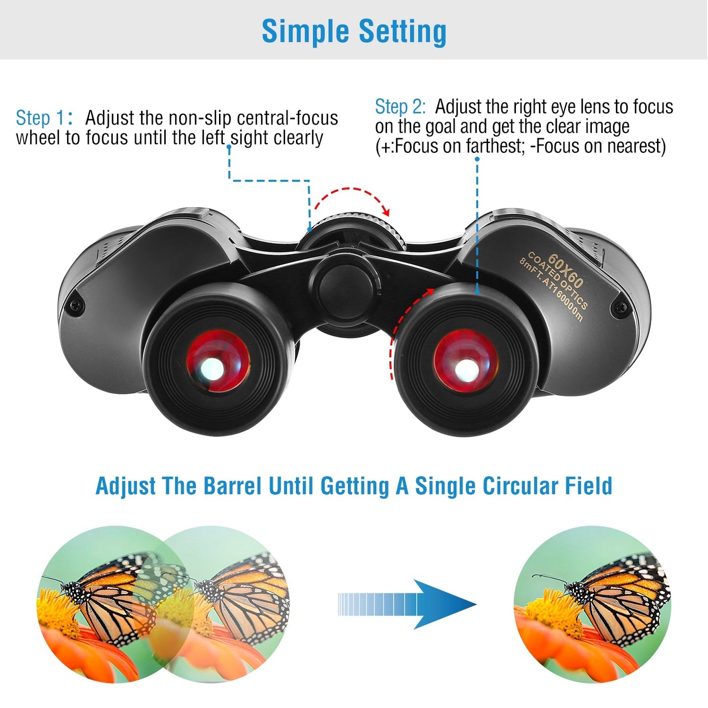 HD FMC Lens Manual Focus Binoculars 60x Magnification - Bird Watching, Hunting, and Sports Events