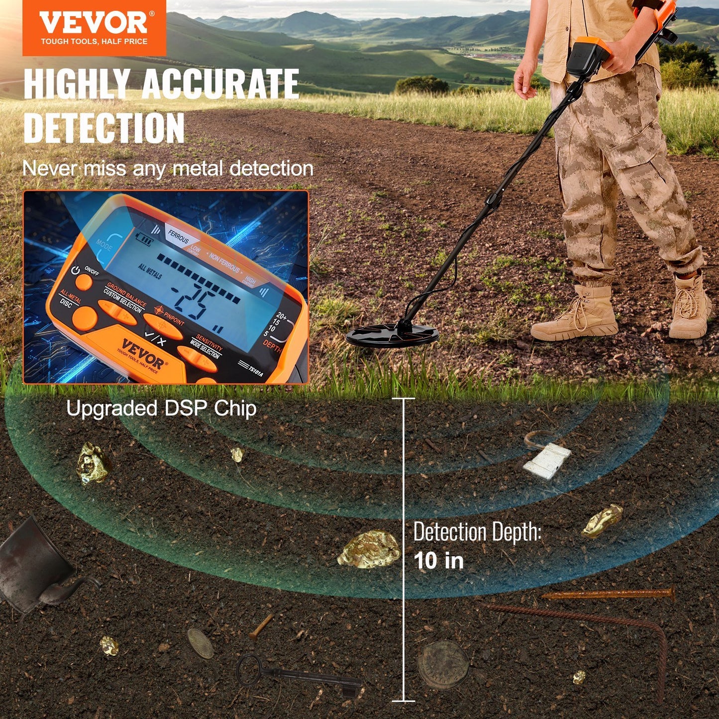 Paquete de detector de metales VEVOR: bobina de búsqueda resistente al agua con pantalla LCD, ajustable, chip DSP inteligente, detección de mayor precisión