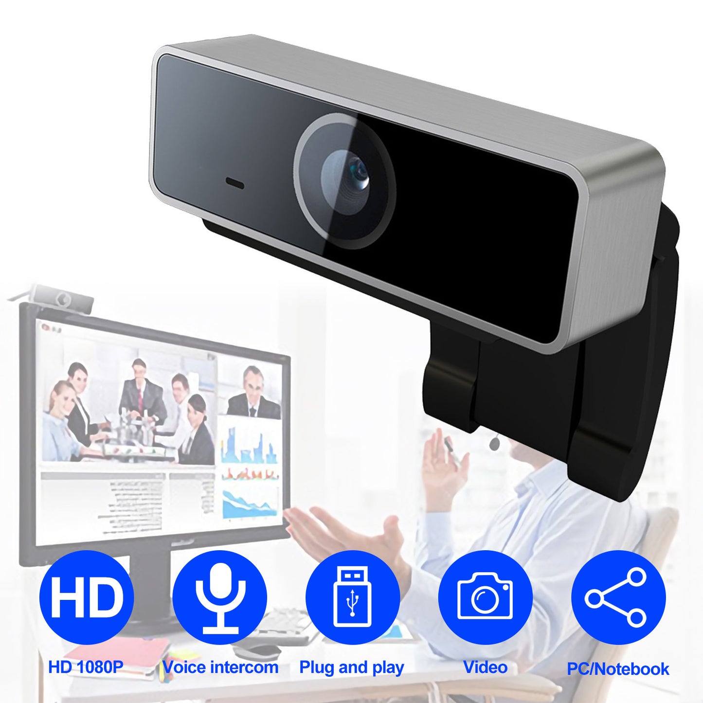 FHD 1080P Webcam USB Auto Focus Noise Reducing Microphone 60-Degree Widescreen Resolution