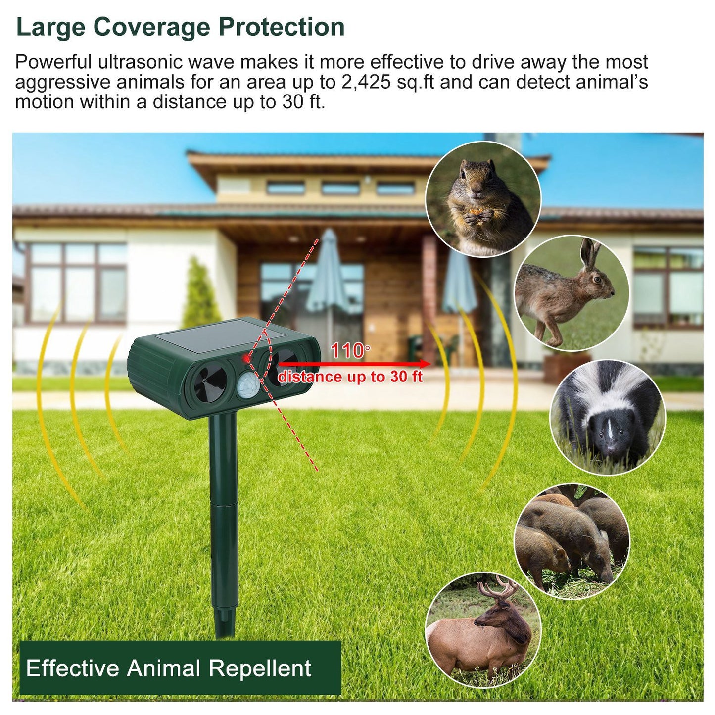 Outdoor Solar Powered Ultrasonic Motion Sensor Animal Repeller