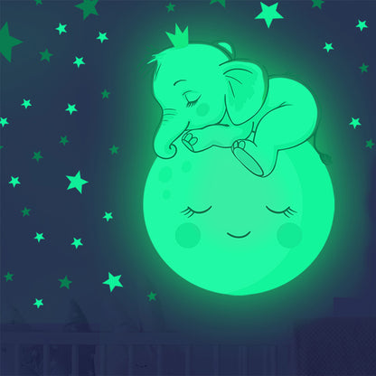 Pegatinas de pared con forma de luna, elefante y estrella con cara sonriente para niños Glow &amp; Smile - 28 x 28 cm 