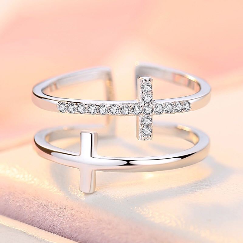 Copper Inlaid Zircon Double Cross Ring