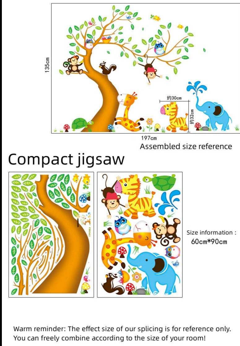 ملصق حائط مزدوج قابل للإزالة على شكل شجرة حيوانات كرتونية مقاس 60 × 90 سم